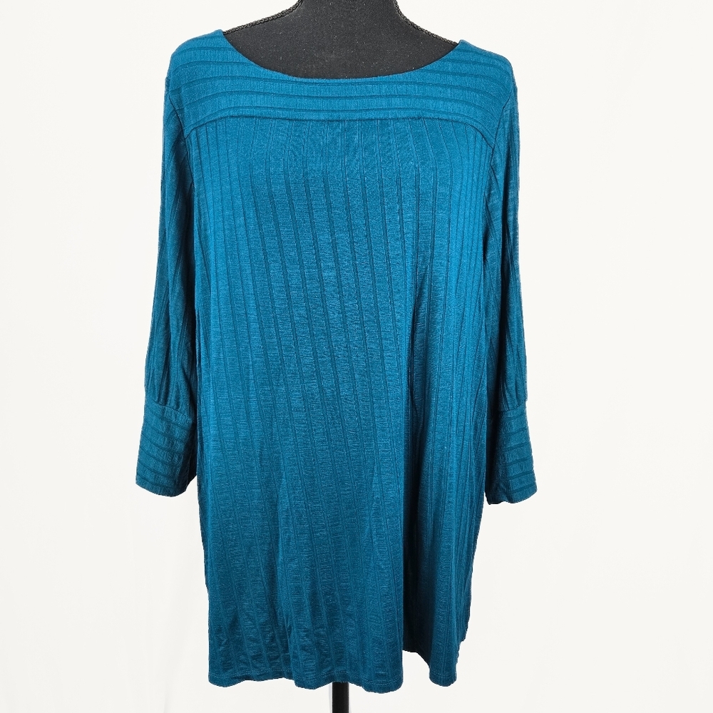 🔥 (5for$35) Chico's Ribbed Teal 3 quarter sleeve Tunic Blouse Size XL